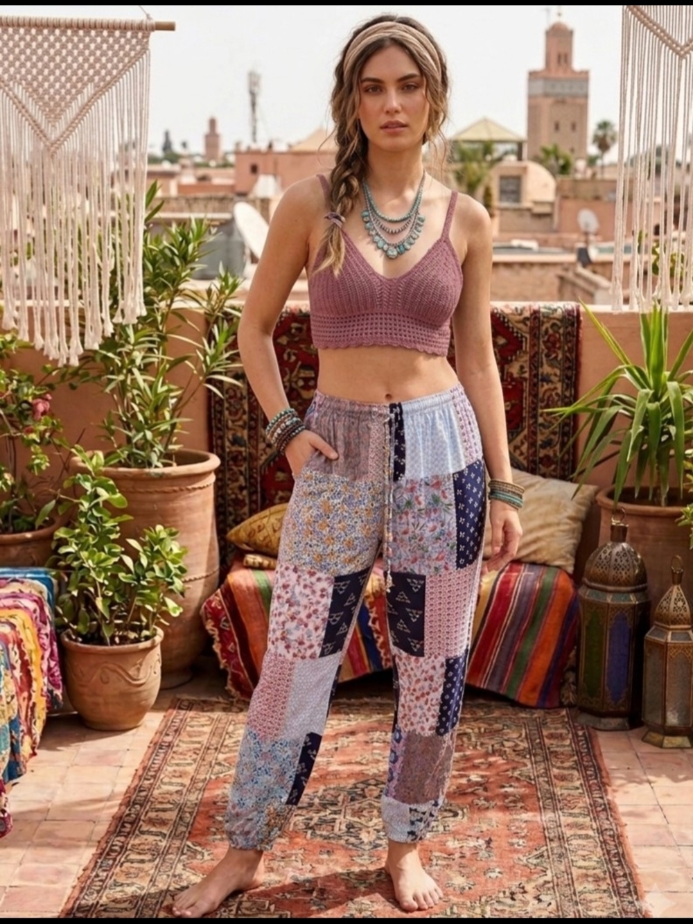 Boho Patchwork Harem Elastic-Waist Pants